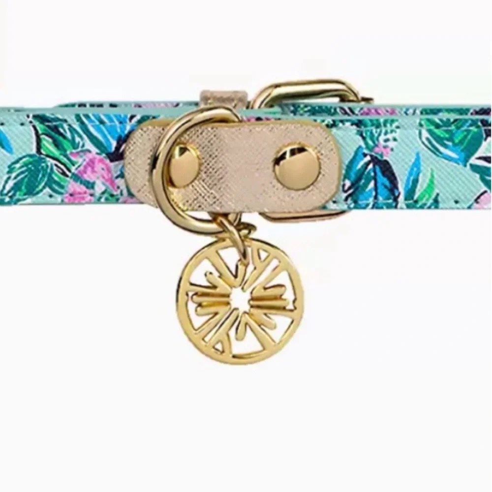 Lilly Pulitzer Dog Collar and Leash, Seasalt Blue Barking Up The Palm Tree